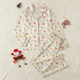 Women's Vintage Watercolor Coral Pink Lavender Yellow Wildflower Botanical Satin Pajamas Set