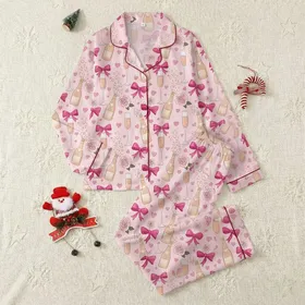 Women's Elegant Light Pink Champagne, Rose Gold Flutes, Pink Roses & Shimmering Hearts Pattern Satin Pajamas Set