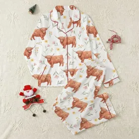 Nature & Animal Lovers' Whimsical Watercolor Highland Cow Terracotta Blush Pink Wildflower Pattern Satin Pajamas Set