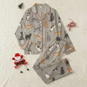 Women's Muted Beige-Taupe Seamless Scatter Pattern with Illustrative Hand-Drawn Ginger, Calico & Tuxedo Cats Satin Pajamas Set