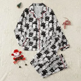Cat Lovers' Playful Black White Grey Cartoon Cats Light Blue Eyes Pink Cheeks All-Over Print Satin Pajamas Set