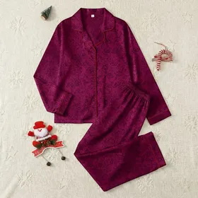 Women's Elegant Deep Magenta Black Floral Rose Design Satin Pajamas Set