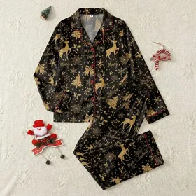 Women's Elegant Black & Metallic Gold Leaf Vintage Christmas Reindeer Snowflake Script Pattern Satin Pajamas Set