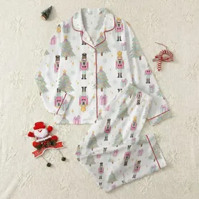 Women's Whimsical Pastel Watercolor Nutcracker Christmas Tree Star Snowflake Pattern Fuchsia Mint Blue Golden Yellow Satin Pajamas Set