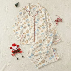Women's Whimsical Cartoon Duck Speech Bubble Print with Soft Sky Blue & Muted Tan Blobs Satin Pajamas Set