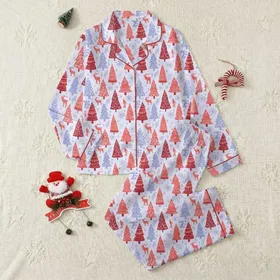 Folk Art Christmas Forest: Coral Red Periwinkle Hand-Drawn Deer & Snowflakes Satin Pajamas Set
