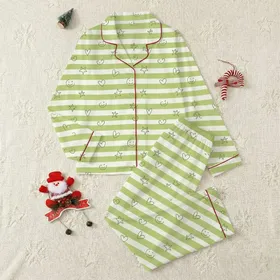 Women's Muted Lime Off-White Striped Minimalist Hand-Drawn Smileys Hearts Stars Print Satin Pajamas Set