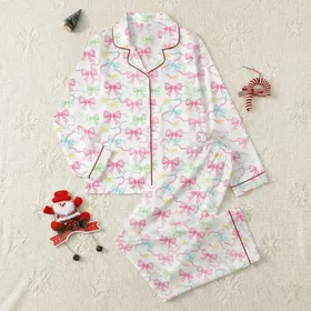 Women's Whimsical Watercolor Bows & Flowing Ribbons All-Over Print in Fuchsia Pink, Sky Blue, Mint Green Satin Pajamas Set