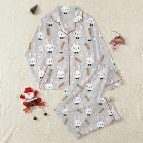 Women's Muted Grey Charming Bunny Carrot Star Pastel Pink Polka Dot Pattern Satin Pajamas Set