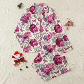 Women's Opulent Painterly Fuchsia Rose Butterfly Floral Tapestry on Pale Cream Satin Pajamas Set