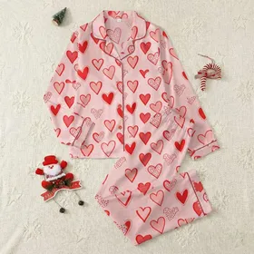 Women's Whimsical Scattered Vibrant Red Hearts with Outline & Dotted Texture on Blush Satin Pajamas Set