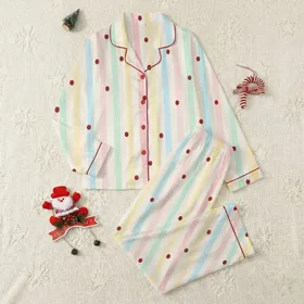 Whimsical Dreamer's Pastel Striped Design: Creamy Off-White, Crimson Dots, Crayon Texture Satin Pajamas Set