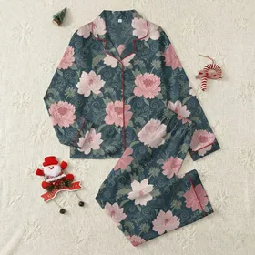 Elegant Exotic Bloom Design with Luxurious Foliage: Deep Teal & Muted Rose Item Satin Pajamas Set