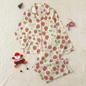 Sweetheart's Whimsical Strawberry Stars: Playful Berry Blossom Pattern on Creamy White Satin Pajamas Set