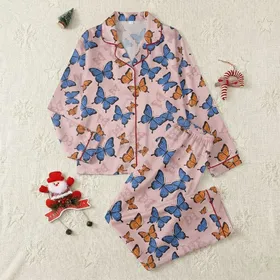 Pastel Pink Butterfly Lovers: Dynamic Orange & Royal Blue Flutter Pattern Fashion Piece Satin Pajamas Set