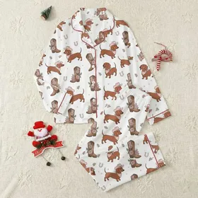 Dachshund Lovers' Whimsical Pink Cowboy Hat Dachshunds, Western Boots & Rose Pattern on White Satin Pajamas Set