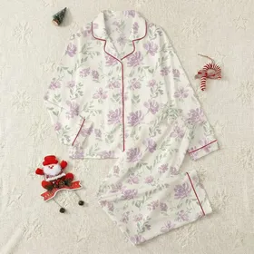 Women's Ethereal Vintage Botanical Floral: Diffused Lavender, Pale Pink, Sage Green Blooms Satin Pajamas Set