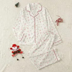 Women's Dainty Pastel Pink Rose & Sage Leaf Botanical Print Satin Pajamas Set