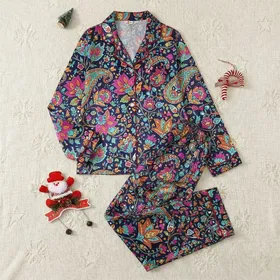 Women's Vibrant Jewel-Tone Indian Paisley Floral Scroll Pattern on Navy Satin Pajamas Set