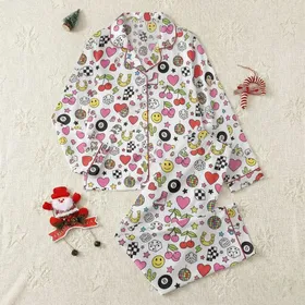 Women's Bright Whimsical Pattern with Retro 8-Balls, Hearts, Dice, Disco Balls & Peace Signs Satin Pajamas Set
