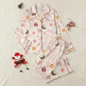 Women's Whimsical Pink Sea Turtle Starfish Tangerine Fruit & Coral Cream Pattern Satin Pajamas Set