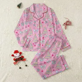 Whimsical Christmas: Bubblegum Pink Nutcracker Soldier & Festive Tree All-Over Pattern Satin Pajamas Set