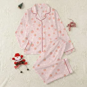 Women's Cute Pastel Pink Minimalist Flat Peach & Delicate White Outline Floral Pattern Satin Pajamas Set