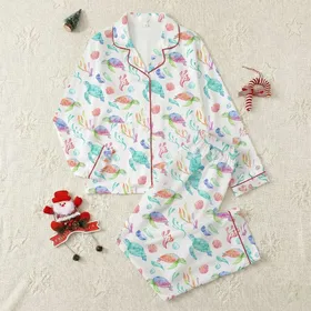 Women's Whimsical Watercolor Sea Turtle & Seashell Pattern in Aqua Teal Pink Lavender Satin Pajamas Set