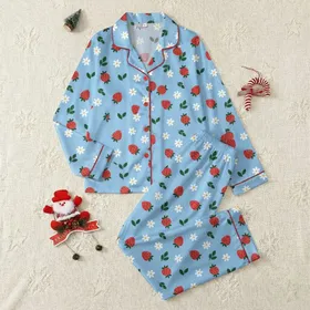 Cheerful Scattered Red Strawberries & White Daisies - Pastel Blue Everyday Wearable Satin Pajamas Set