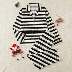 Women's Creamy Off-White Black Taupe Minimalist Organic Ripple Stripe Pattern Satin Pajamas Set