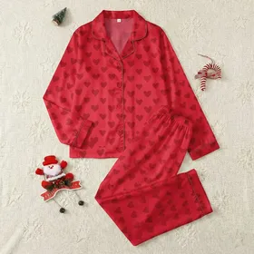Women's Bright Cherry Red Ruby Red Seamless Scattered Stylized Heart Pattern Satin Pajamas Set