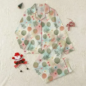 Nature Lovers' Muted Sage Terracotta Pastel Pink Blue Watercolor Botanical Leaves & Floral Print Satin Pajamas Set