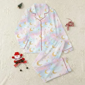 Women's Dreamy Ethereal Sky Hand-Drawn Watercolor Pastel Pink Blue Lavender Golden Celestial Stars Moons Constellations Satin Pajamas Set