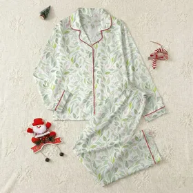 Nature Lovers' Delicate Intertwined Watercolor Botanical Leaf & Vine Pattern on White with Mint, Sage, Olive, & Soft Pink Satin Pajamas Set