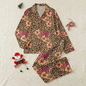 Women's Illustrative Tan Leopard Print with Fuchsia Hibiscus & Dark Tropical Leaves Satin Pajamas Set