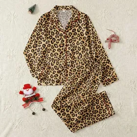 Women's Organic Leopard Spot Pattern, Warm Golden-Beige, Deep Black Outline, Dark Brown Satin Pajamas Set