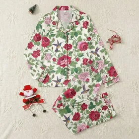 Elegant Wearer's Blooming Rose Hummingbird Design: Fuchsia Pink Red Floral Botanical Art Satin Pajamas Set