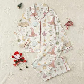 Whimsical Witchy Dreamer Magical Celestial Floral Pattern All-Over Loungewear Satin Pajamas Set