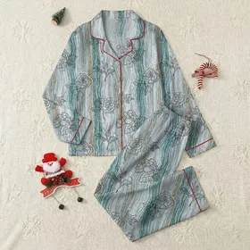 Women's Elegant Abstract Flowing Rose Silhouette Silvery-Grey Muted Teal Taupe Pattern Satin Pajamas Set