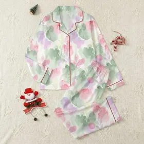 Women's Ethereal Pastel Pink Sage Green Watercolor Blended Organic Cloud Petal Design Satin Pajamas Set