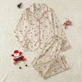 Women's Cream White Charcoal Black Sweet Minimalist Bows Flowers Leaves Dots Pattern Satin Pajamas Set