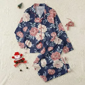 Women's Graceful Navy Blue Watercolor Floral Dusty Rose Blush Botanical Pattern Satin Pajamas Set