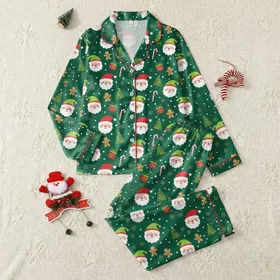 Women's Forest Green Cartoon Santa & Elf Hat Candy Cane Gingerbread Gold Snowflake Design Satin Pajamas Set