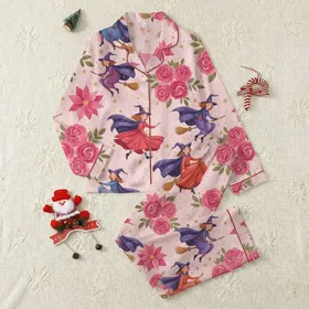 Adults' Whimsical Purple Witch & Fuchsia Rose Floral Gold Star Pink Pattern Satin Pajamas Set