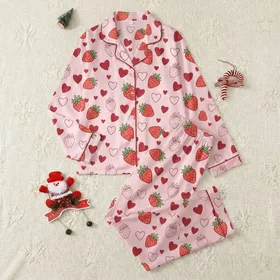Women's Pastel Pink Whimsical Strawberry Heart All-Over Pattern Bright Red Green Maroon Outlines Satin Pajamas Set
