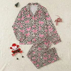 Women's Chic Beige Charcoal Leopard Print Bubblegum Pink Bow White Line Art Hearts Satin Pajamas Set