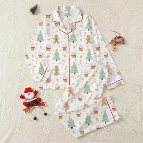 Adults' Whimsical Gingerbread Man Rose Pink Forest Green Christmas Tree Pattern Satin Pajamas Set