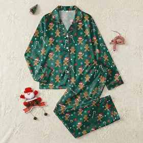Festive Holiday: Gingerbread Men, Candy Canes, Holly & Snowflakes Emerald Wearable Satin Pajamas Set