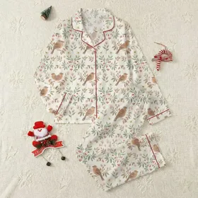 Rustic Vintage Cream Watercolor Songbirds, Sage Branches & Wildflowers Art Piece Satin Pajamas Set