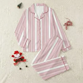 Women's Pastel Pink & White Vertical Stripe Minimalist Geometric Line Art Satin Pajamas Set